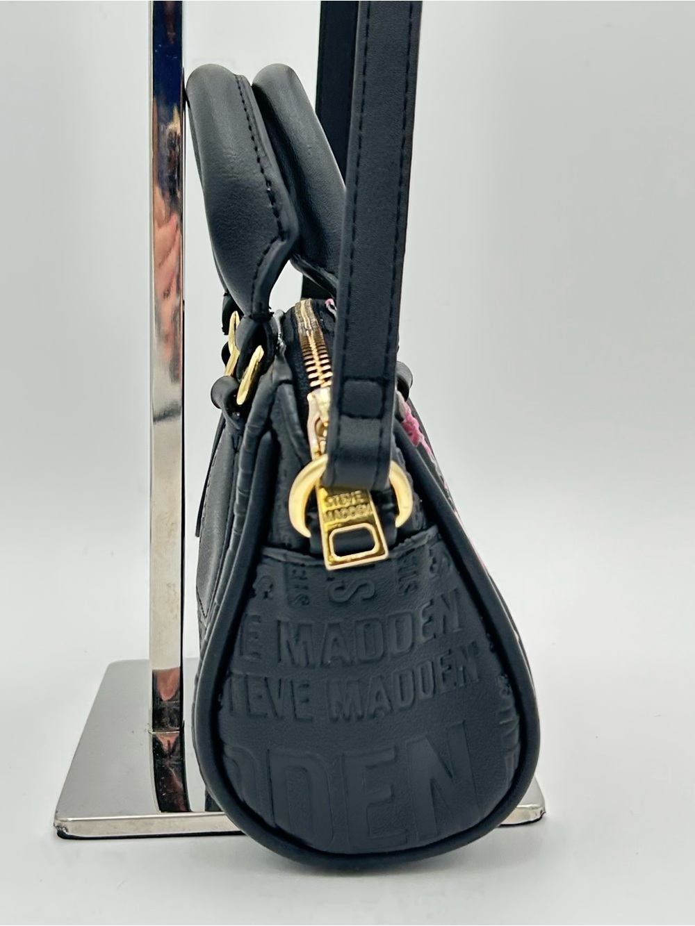 Steve Madden Black Floral Dome Satchel with Pink and Purple Blooms - Picture 6 of 16